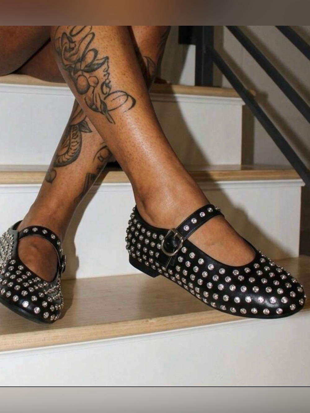 Black Studded Buckle Women's Flat Shoes